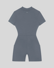 MotionFlow Romper in Gray Blue back view showcasing the sculpted silhouette and bermuda-length shorts