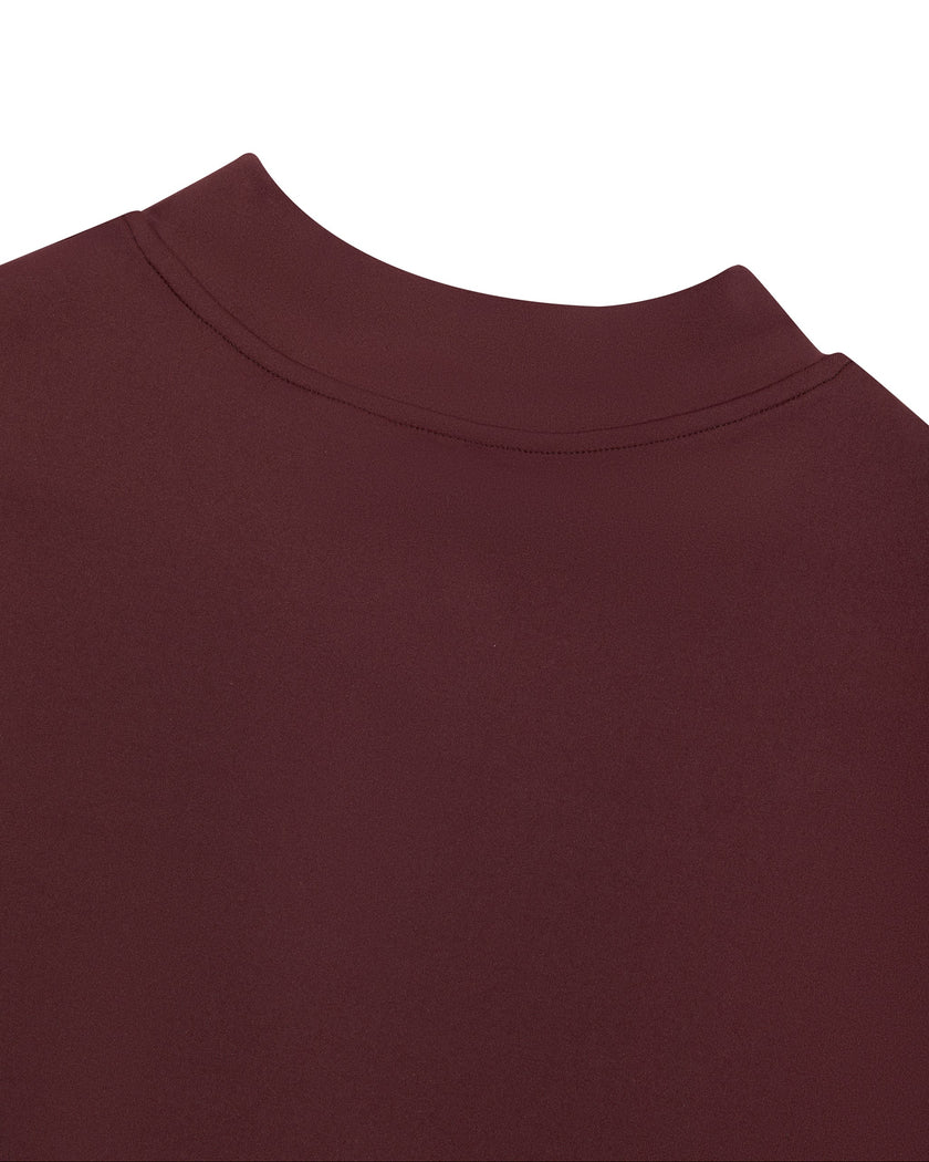 Close-up of the back mock neckline on the MotionFlow Romper in Wine Red
