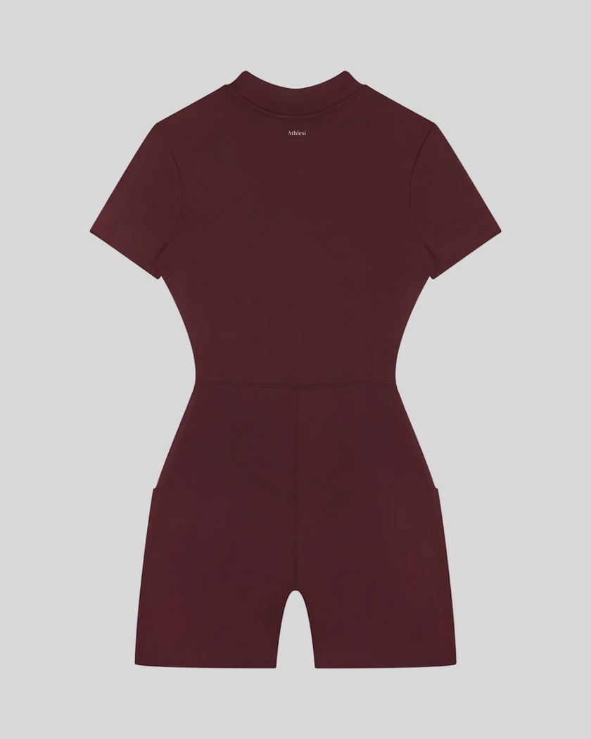 MotionFlow Romper in Wine Red back view showcasing the sculpted silhouette and bermuda-length shorts