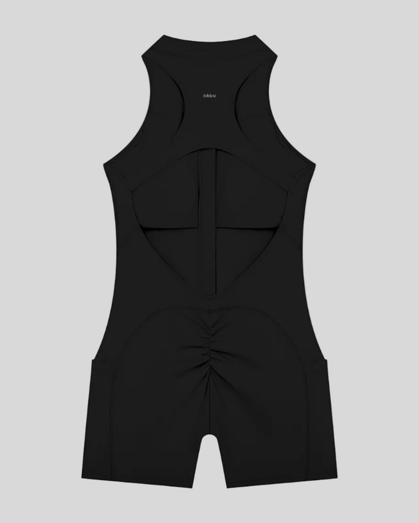 MotionFlow Yoga Romper in Black back view showcasing the open racerback design and sculpting fit