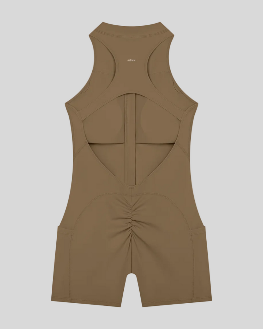 MotionFlow Yoga Romper in Coffee back view showcasing the open racerback design and sculpting fit