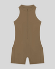 MotionFlow Yoga Romper in Coffee front view featuring a mock neck, quarter-zip front, and above-the-knee silhouette