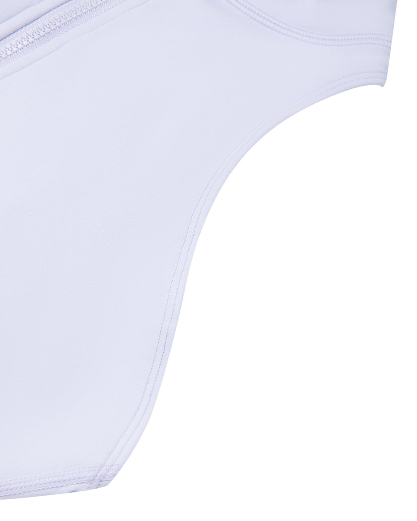 Close-up of the sleeveless arm opening on the MotionFlow Yoga Romper in Purple