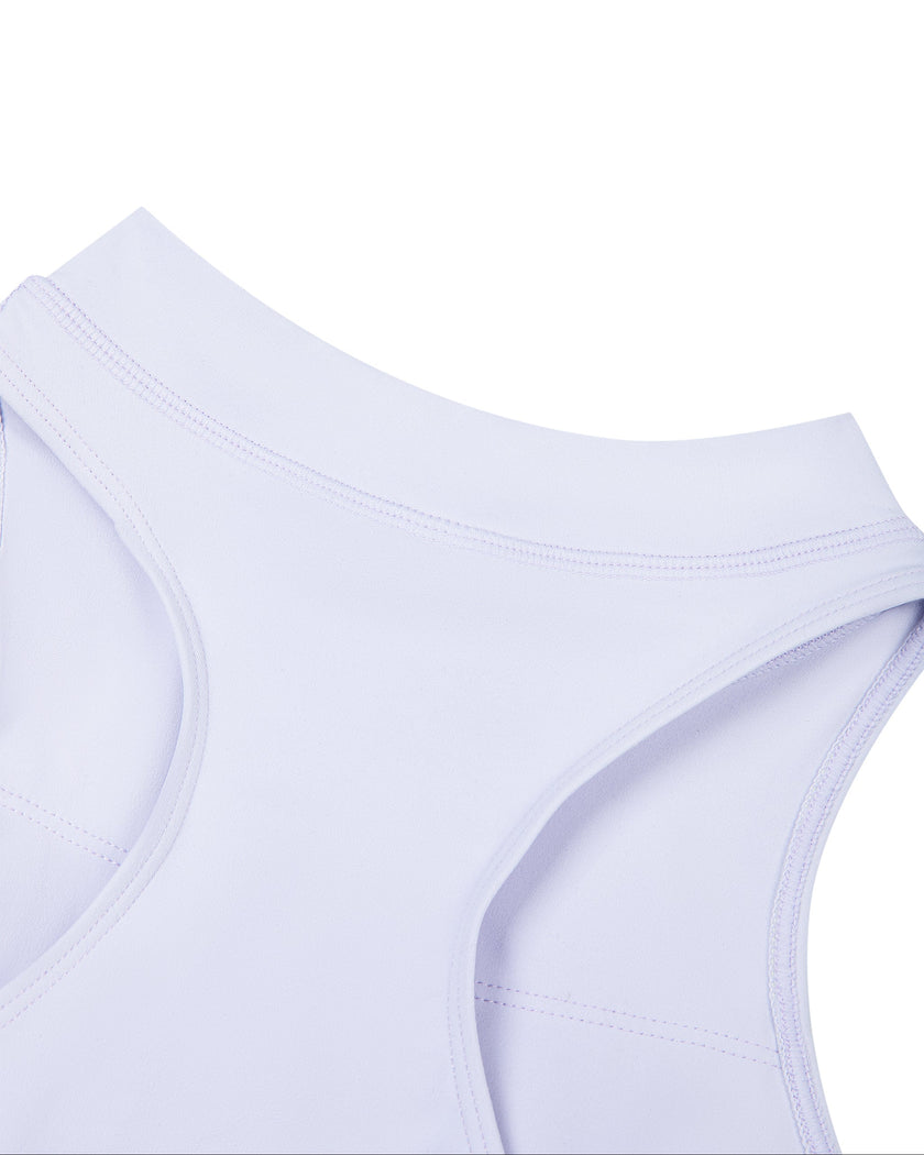 Close-up of the racerback neckline on the MotionFlow Yoga Romper in Purple