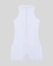 MotionFlow Yoga Romper in Purple front view featuring a mock neck, quarter-zip front, and above-the-knee silhouette