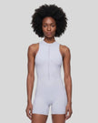 Model wearing the MotionFlow Yoga Romper in Purple viewed from the front