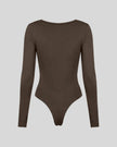 Athlesi MotionForm Long Sleeve Bodysuit in Coffee, back view showing the sleek fitted silhouette and long sleeves