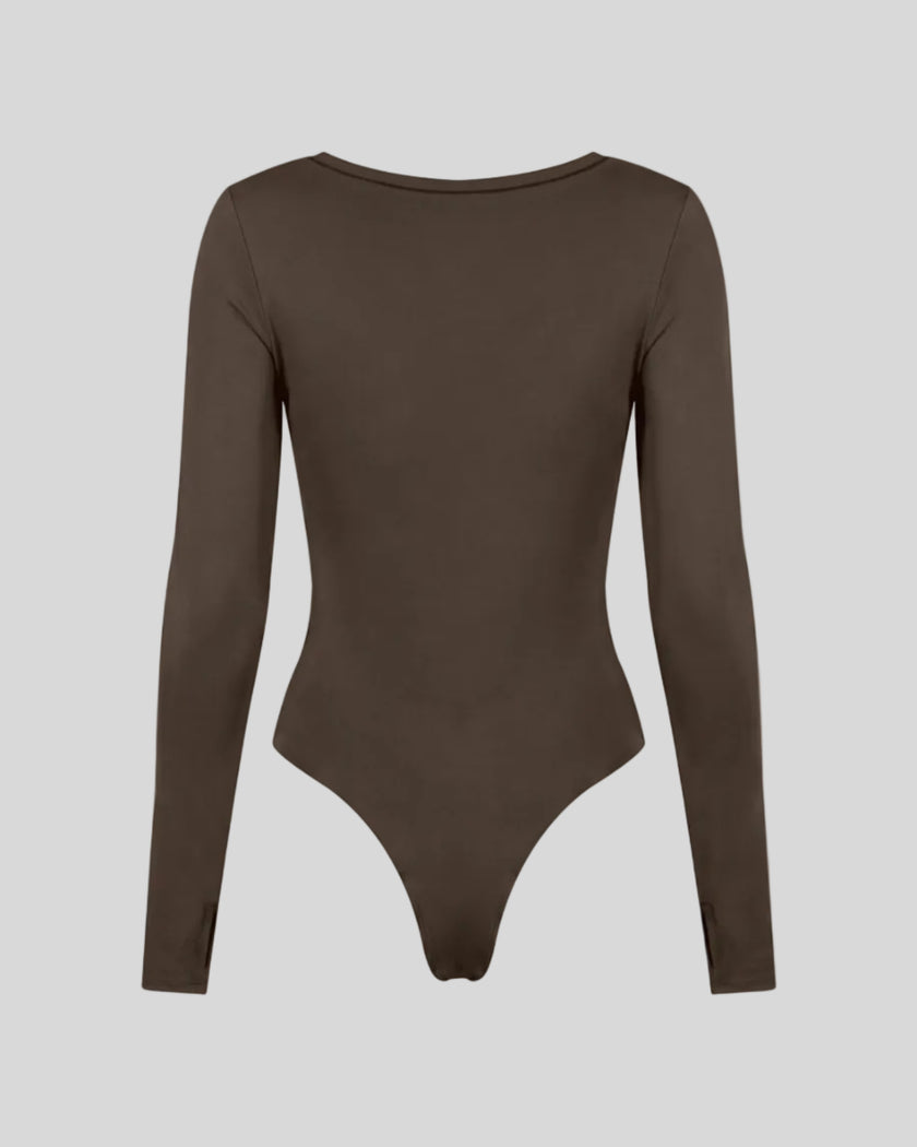 Athlesi MotionForm Long Sleeve Bodysuit in Coffee, back view showing the sleek fitted silhouette and long sleeves