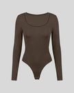 Athlesi MotionForm Long Sleeve Bodysuit in Coffee, front view showing the U-neckline and fitted long sleeve silhouette