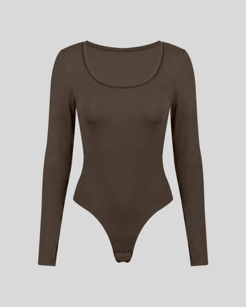 Athlesi MotionForm Long Sleeve Bodysuit in Coffee, front view showing the U-neckline and fitted long sleeve silhouette