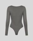 Athlesi MotionForm Long Sleeve Bodysuit in Gray, back view showing the sleek fitted silhouette and long sleeves