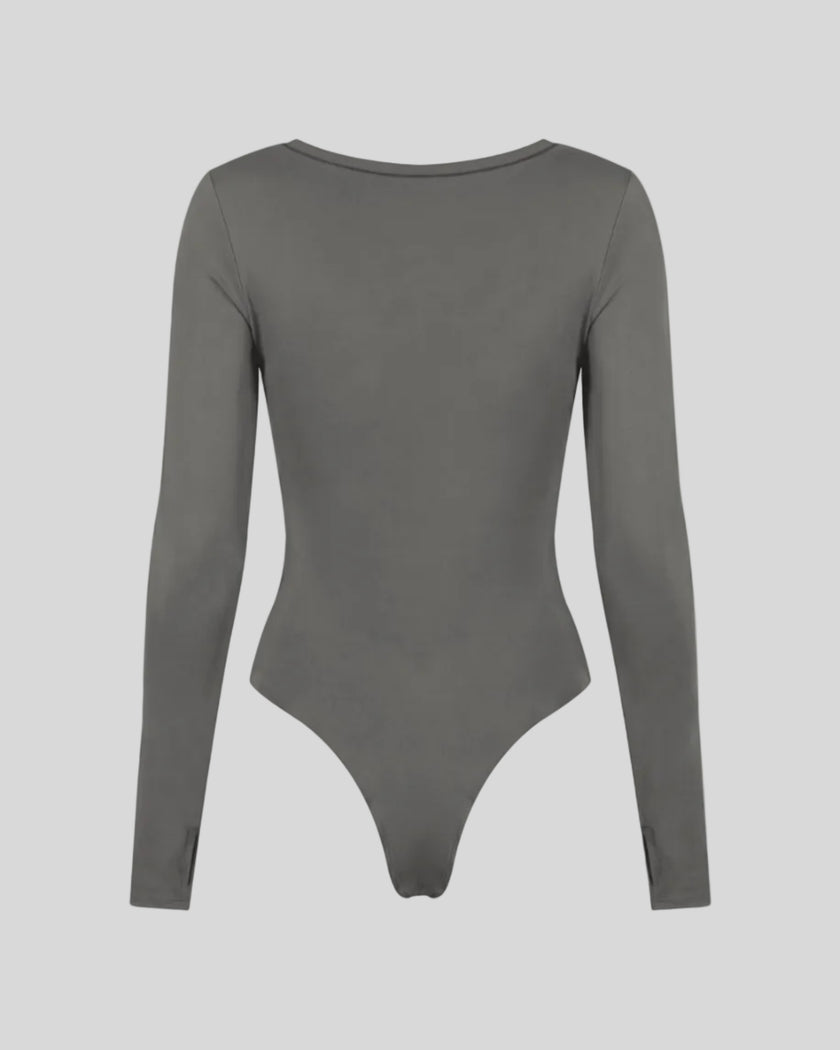 Athlesi MotionForm Long Sleeve Bodysuit in Gray, back view showing the sleek fitted silhouette and long sleeves