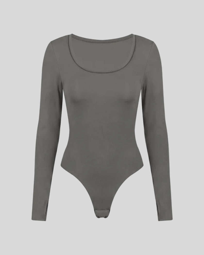 Athlesi MotionForm Long Sleeve Bodysuit in Gray, front view showing the U-neckline and fitted long sleeve silhouette