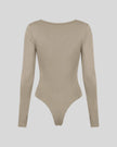 Athlesi MotionForm Long Sleeve Bodysuit in Khaki, back view showing the sleek fitted silhouette and long sleeves