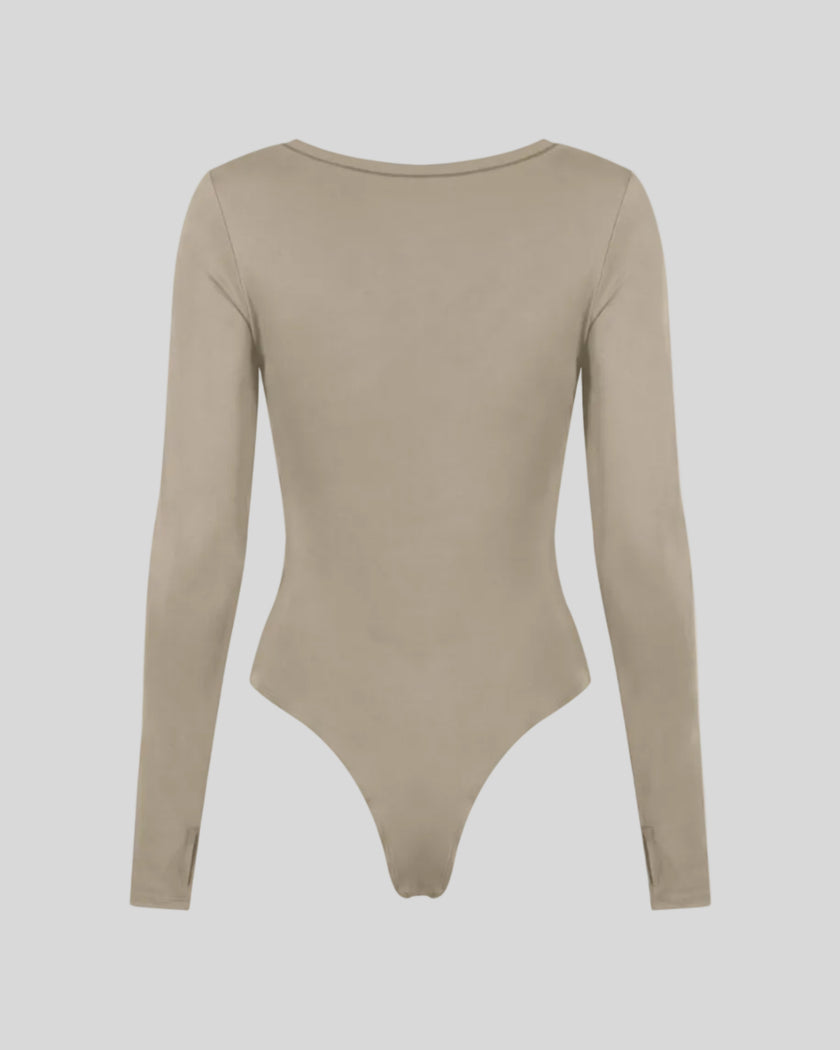 Athlesi MotionForm Long Sleeve Bodysuit in Khaki, back view showing the sleek fitted silhouette and long sleeves