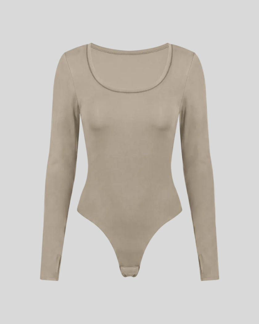 Athlesi MotionForm Long Sleeve Bodysuit in Khaki, front view showing the U-neckline and fitted long sleeve silhouette