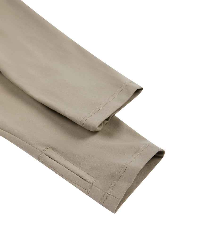 Close-up of the fitted sleeve hem on the Athlesi MotionForm Long Sleeve Bodysuit in Khaki