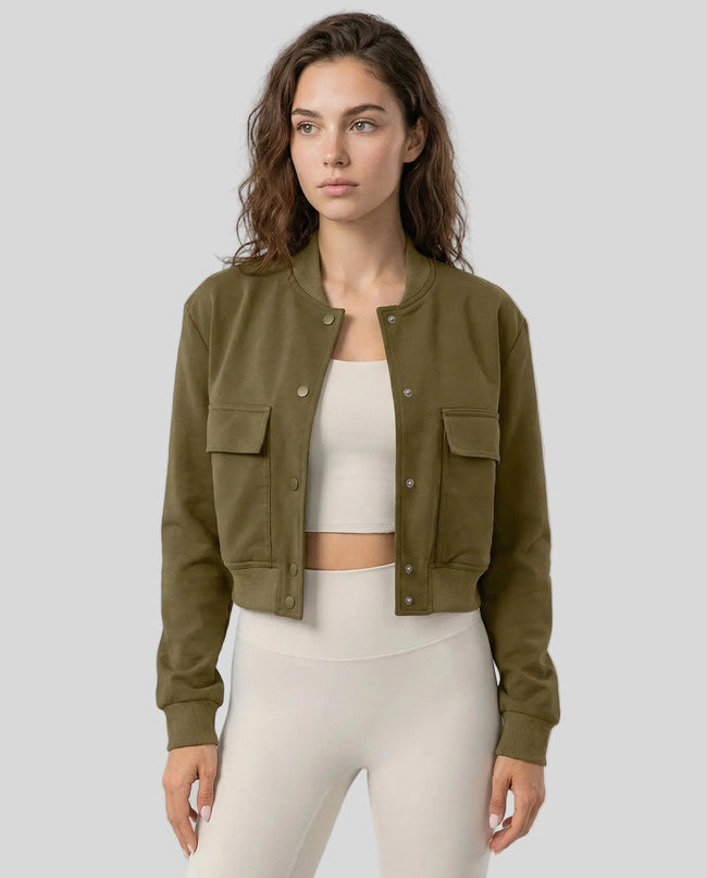 MotionSnap Bomber Jacket Signature in moss worn by model mid body front view highlighting fit and details