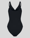 MotionZip Ruched Bodysuit in Black back view with adjustable straps and sleek fitted silhouette