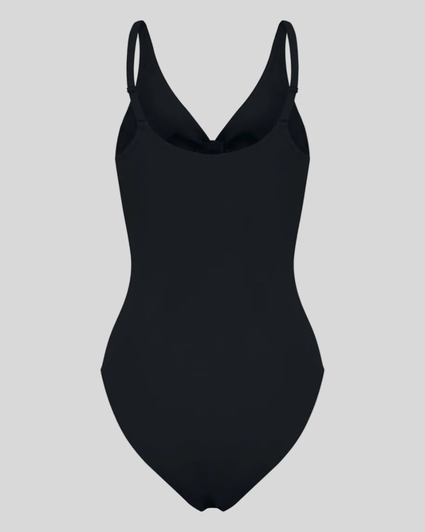 MotionZip Ruched Bodysuit in Black back view with adjustable straps and sleek fitted silhouette