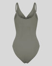 MotionZip Ruched Bodysuit in Gray back view with adjustable straps and sleek fitted silhouette