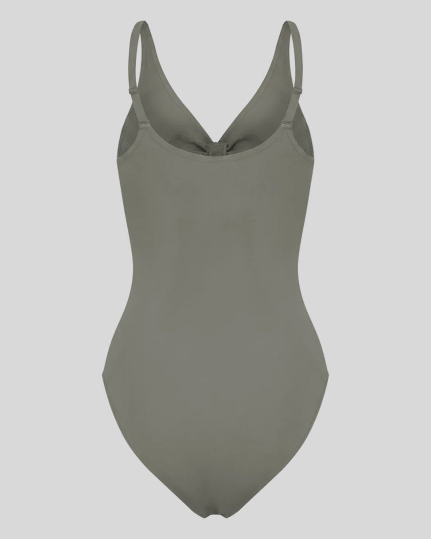 MotionZip Ruched Bodysuit in Gray back view with adjustable straps and sleek fitted silhouette