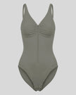 MotionZip Ruched Bodysuit in Gray front view with ruched bust, adjustable straps and front zipper