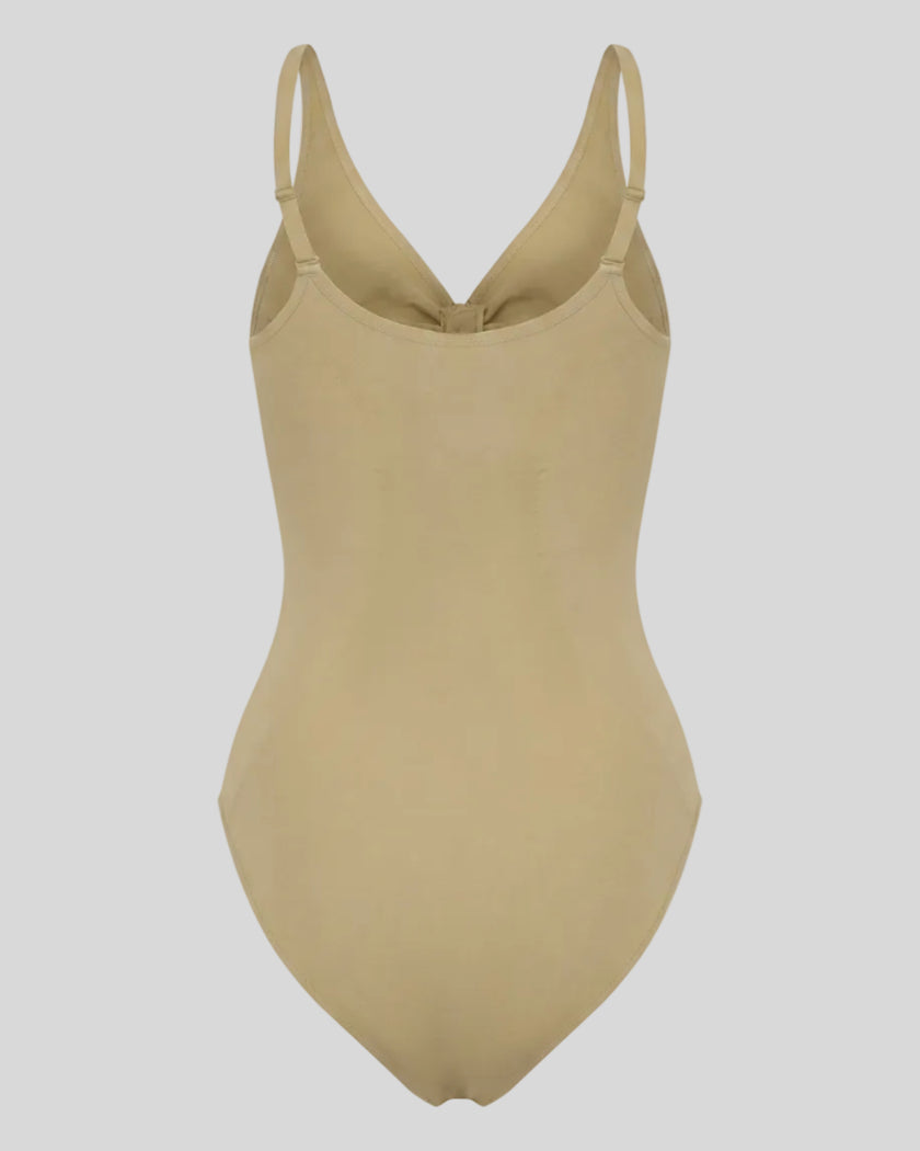 MotionZip Ruched Bodysuit in Khaki back view with adjustable straps and sleek fitted silhouette