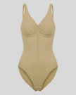 MotionZip Ruched Bodysuit in Khaki front view with ruched bust, adjustable straps and front zipper