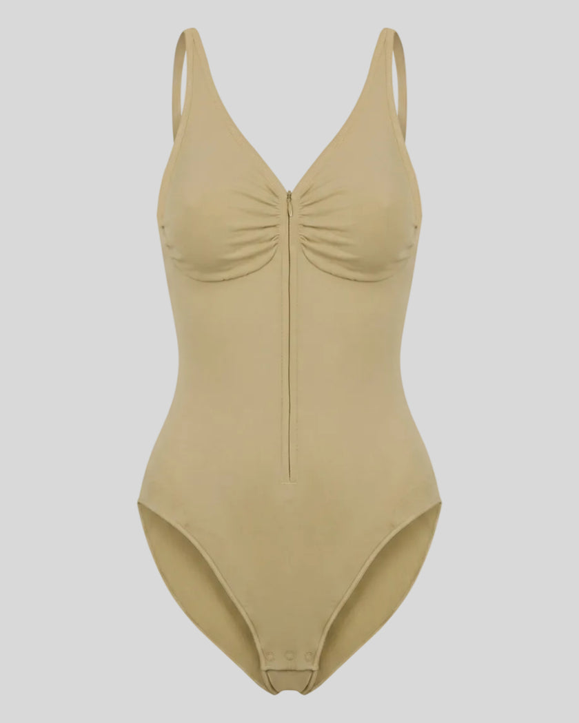MotionZip Ruched Bodysuit in Khaki front view with ruched bust, adjustable straps and front zipper