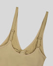 Close-up back view of MotionZip Ruched Bodysuit in Khaki showing adjustable straps and smooth back construction
