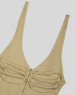 Close-up front view of MotionZip Ruched Bodysuit in Khaki showing ruched bust and zipper detail