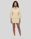 Full body front view of woman styled in Muse Cowl Tunic in apricot