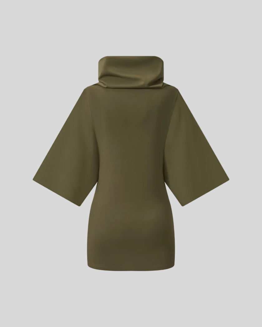 Muse Cowl Tunic in army green with elongated silhouette back view