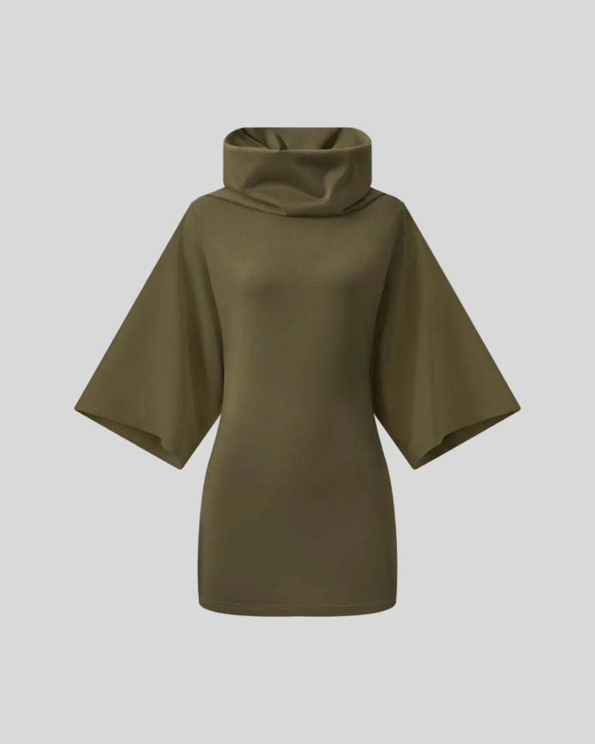 Muse Cowl Tunic in army green with wide three-quarter sleeves front view