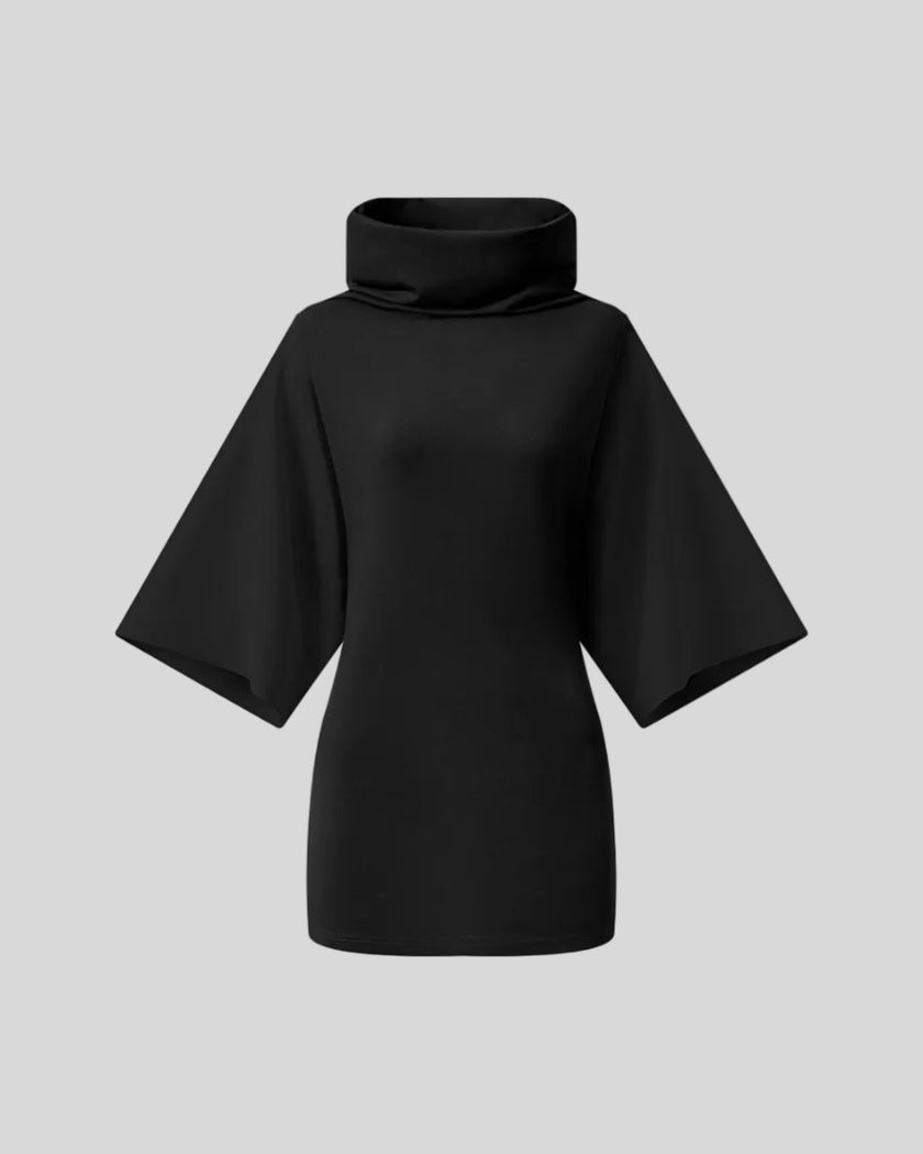 Muse Cowl Tunic in black with wide three-quarter sleeves front view