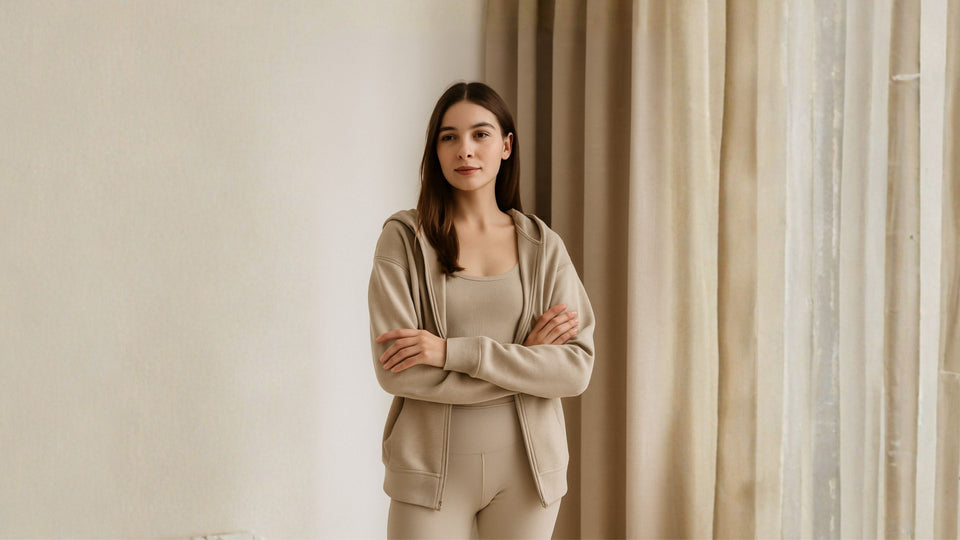 Woman wearing neutral Athlesi athleisure set in a calm, minimalist interior with natural light.