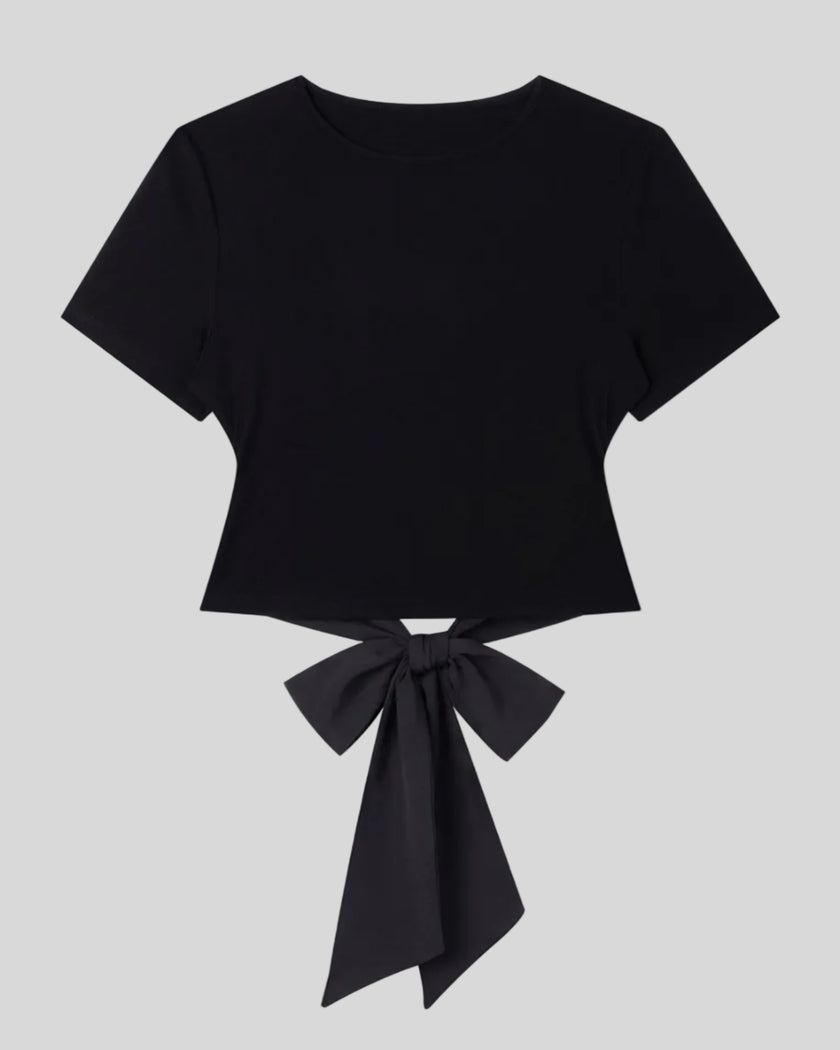 Nova Tie-Back Tee in black (with black,) short sleeves and a clean fitted front view