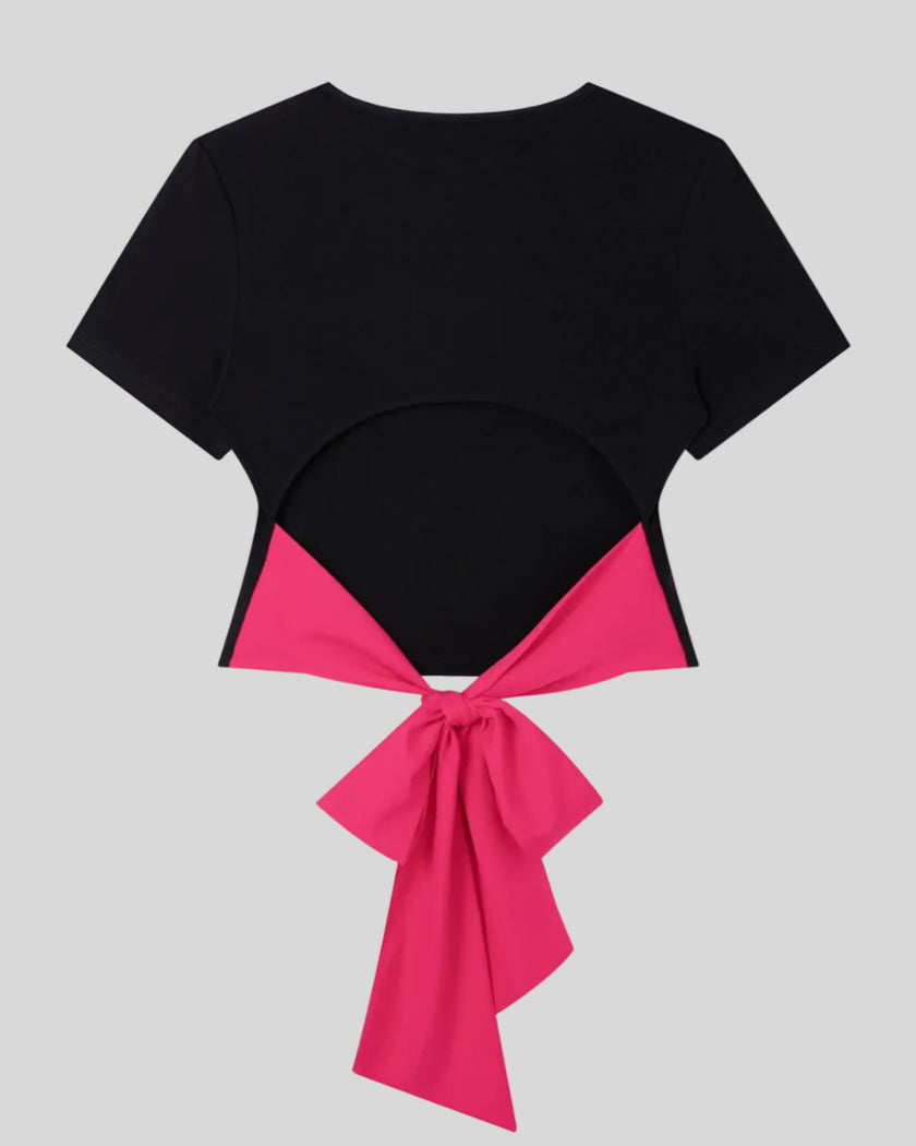Back view of Nova Tie-Back Tee in black featuring an open back and contrasting Rose Red bow