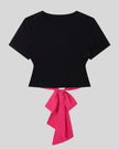 Nova Tie-Back Tee in black (with rose red,) short sleeves and a clean fitted front view