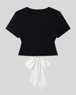 Nova Tie-Back Tee in black (with white,) short sleeves and a clean fitted front view
