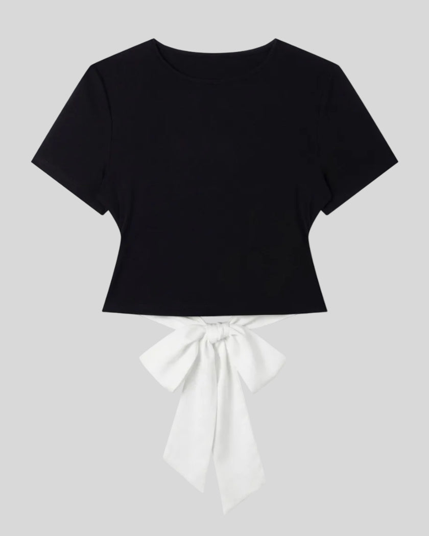 Nova Tie-Back Tee in black (with white,) short sleeves and a clean fitted front view