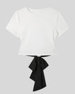 Nova Tie-Back Tee in white (with black,) short sleeves and a clean fitted front view