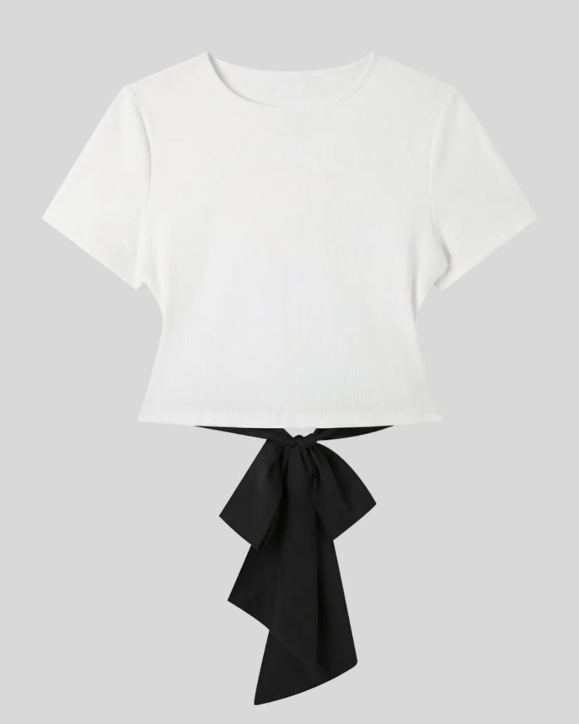 Nova Tie-Back Tee in white (with black,) short sleeves and a clean fitted front view