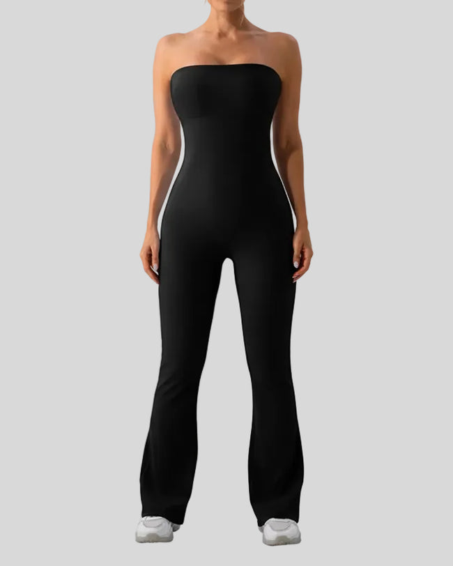 Athlesi OneFlow sleek active jumpsuit in black, front view