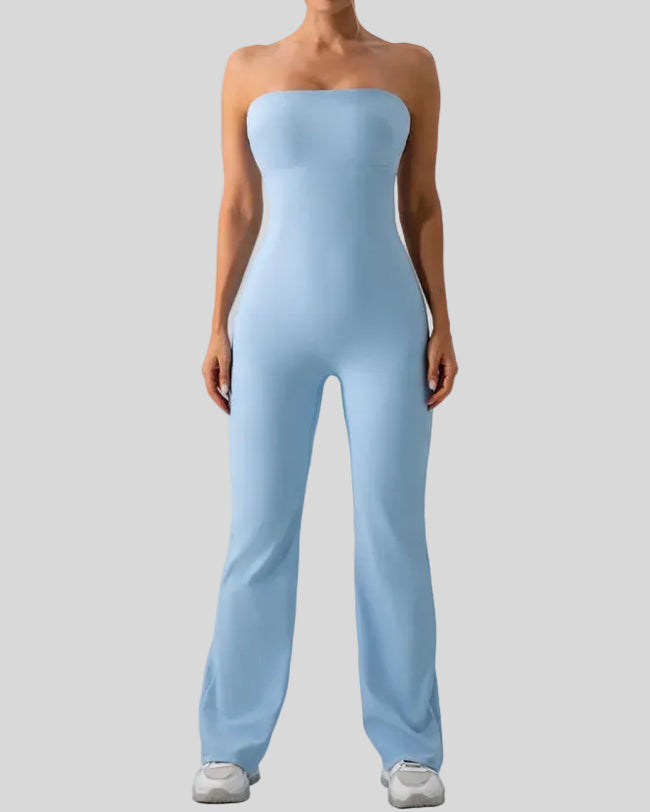 Athlesi OneFlow sleek active jumpsuit in light blue, front view