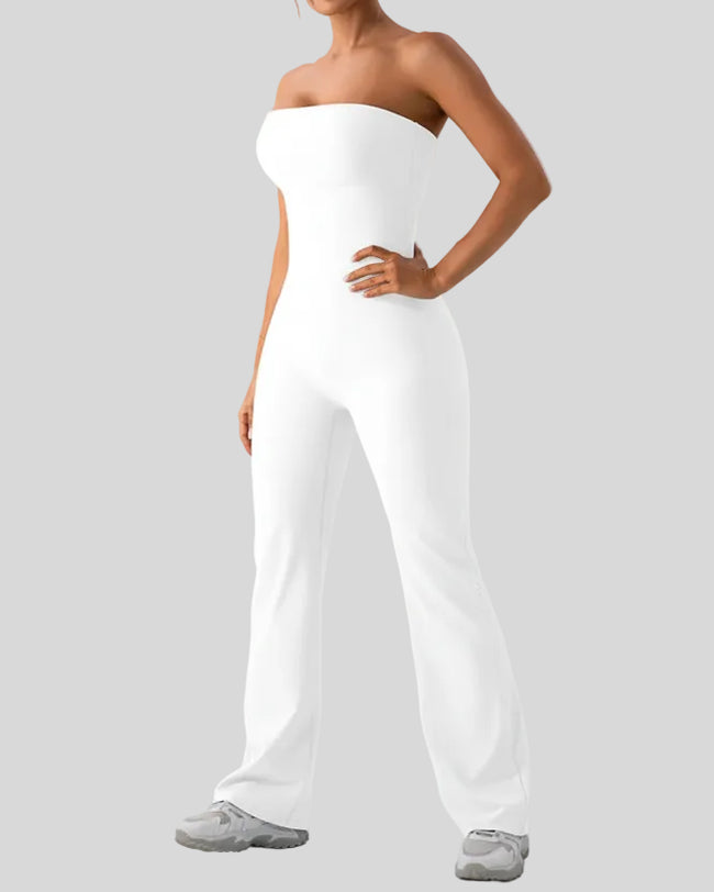 Front angle view of Athlesi OneFlow active jumpsuit in white