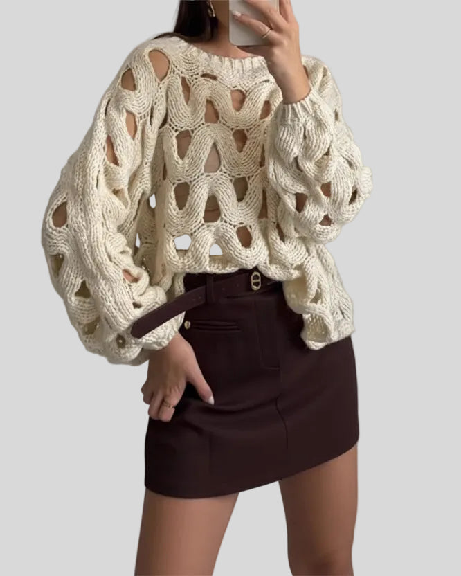 OpenWeave cable knit sweater with hollow texture, front view in beige