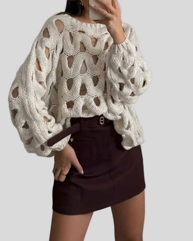 OpenWeave cable knit sweater with hollow texture, front view in white