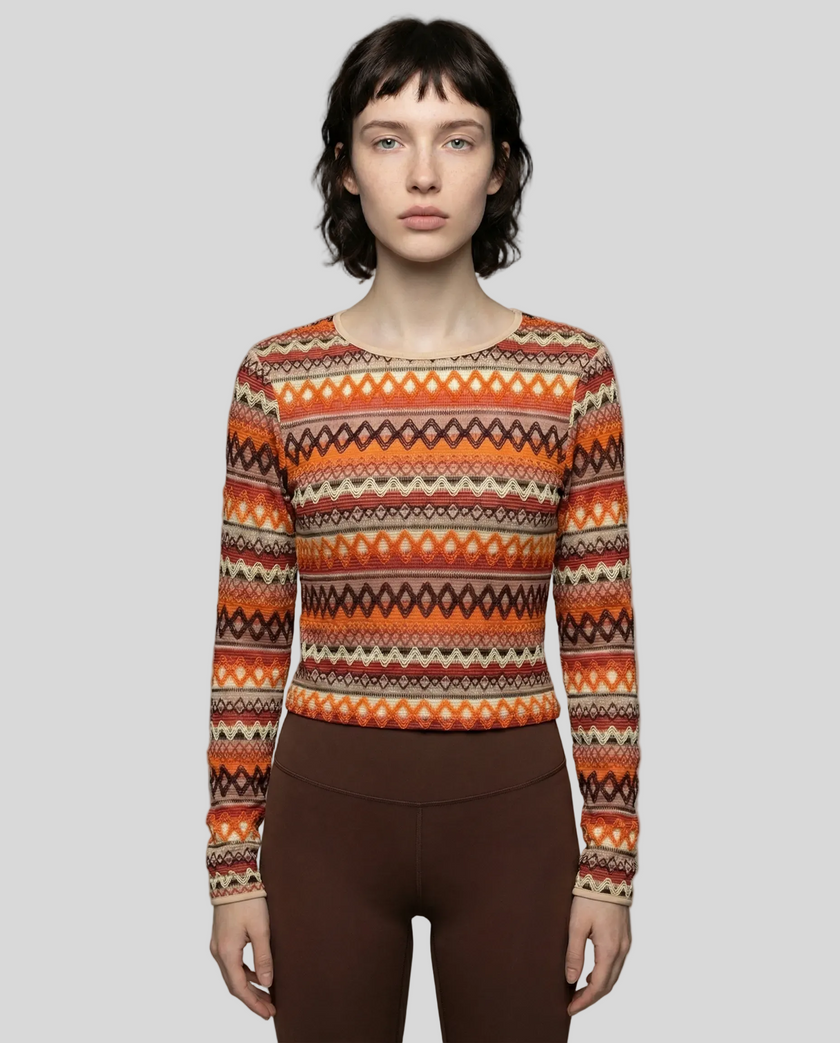 Athlesi PatternPulse Long Sleeve Top styled with brown Athlesi leggings front view